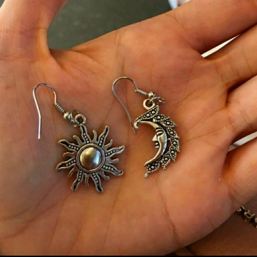 Silver Sun & Half Moon Earrings